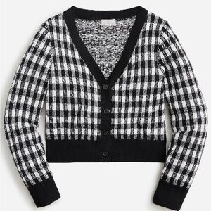 J.crew Cashmere cropped V-neck cardigan sweater in gingham (black, XS)